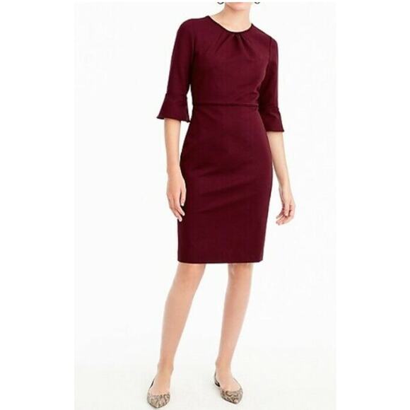 J.Crew Bell Sleeve Ponte Sheath Dress Cranberry‎ Garnet Size 4 Career Party - Picture 2 of 7